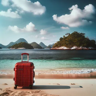 На фоне видов Индонезийского побережья вблизи моря, стоит красный туристический чемодан на фоне теплого белого песка и зелени островов