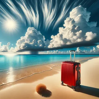 Красный туристический чемодан на колесиках на тропическом пляже под деревоподобными облаками и ярким солнцем, безлюдный кинематографический стиль