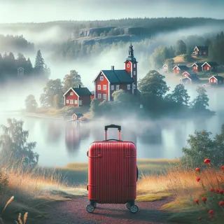 Красный чемодан на колёсиках с фоном традиционных шведских пейзажей, овеваемым лёгким туманом