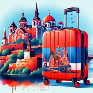 Иллюстрация: красный туристический чемодан на фоне знаковых памятников Сербии, таких как крепость Калемегдан и храм Святого Саввы