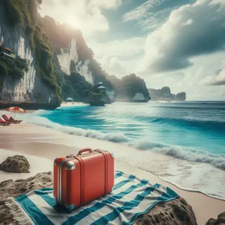 Кинематографический вид на пляж Паданг-Паданг с красным туристическим чемоданом на полосатом полотенце у кромки воды, лазурные волны плещутся на фоне скал