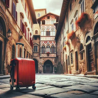 Кинематографическое изображение итальянской улицы эпохи Ренессанса с красным туристическим чемоданом на колесах у старинного здания