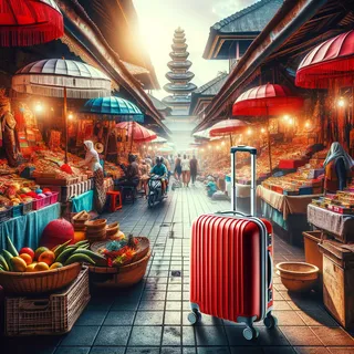 Изображение популярных рынков Бали с красным туристическим чемоданом на колесиках среди оживленных торговых рядов в реалистичном кинематографическом стиле