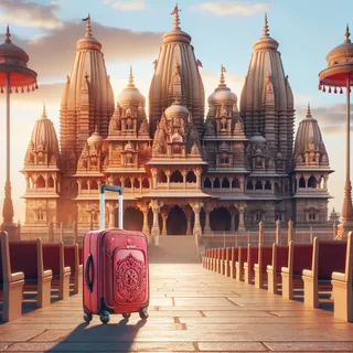 Реалистическое изображение красного туристического чемодана на колесиках на фоне храмов Вриндавана