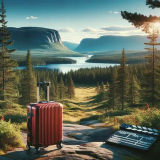 Кинематографический вид на шведский пейзаж с красным туристическим чемоданом на колесах на переднем плане