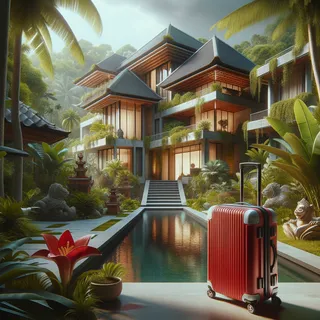 Красивые элементы современной балийской архитектуры с красным туристическим чемоданом на переднем плане, на фоне тропической природы, в кинематографическом стиле