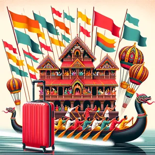 Фестиваль Онам в Индии, гонки на змеиных лодках, традиционная кералинская архитектура, яркие флаги, туристический красный чемодан на колесиках