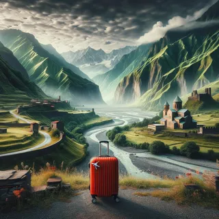 Кинематографический вид на грузинские переходные зоны с красным туристическим чемоданом на колесиках среди разнообразного пейзажа