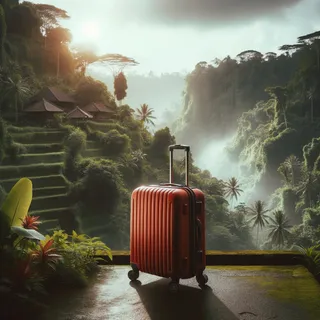 Кинематографическое изображение красного туристического чемодана на колесиках, стоящего на фоне зелёных джунглей Бали