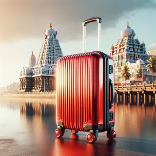 Реалистичное изображение красного туристического чемодана на колесиках на фоне знаменитых достопримечательностей Ченнаи
