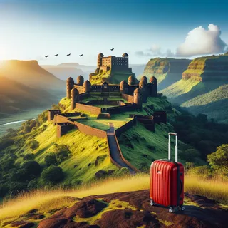 Изображение величественного форта Харихар на фоне ясного голубого неба, окруженного зелеными холмами, а на переднем плане красный туристический чемодан на колесиках