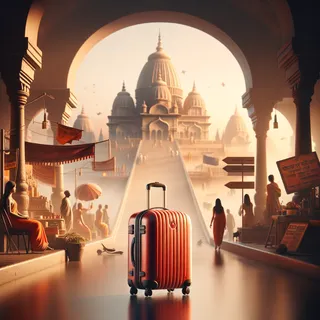 Изображение (не иллюстрация) только в очень реалистичном кинематографическом стиле. На изображении должен присутстовать красный туристический чемодан на колесиках. На изображении не должно быть людей.. Тема изображения: Как добраться до Варанаси в Индии!