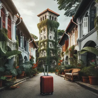 Кинематографический снимок открытого красного туристического чемодана на колесиках в старинном районе Сингапура рядом со старинной башней и тропической растительностью