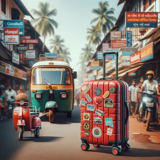 Изображение (не иллюстрация) только в очень реалистичном кинематографическом стиле. На изображении должен присутстовать красный туристический чемодан на колесиках. На изображении не должно быть людей.. Тема изображения: Обзор транспорта в Гоа, Индия