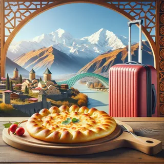 Изображение осетинского хачапури на деревянной доске на фоне гор и традиционного грузинского убранства, с красным туристическим чемоданом на колесиках