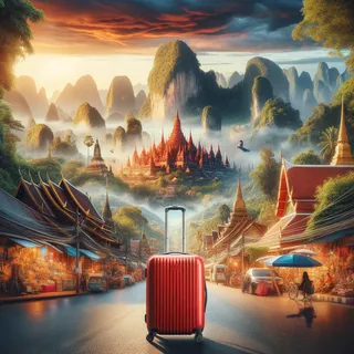 Изображение (не иллюстрация) только в очень реалистичном кинематографическом стиле. На изображении должен присутстовать красный туристический чемодан на колесиках. На изображении не должно быть людей.. Тема изображения: Почему стоит посетить Северный Таиланд?