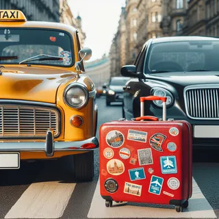 Поездка на такси и частном транспорте, красный туристический чемодан