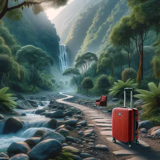 Гиперреализм, вид на пеший маршрут через леса и каменистые тропы к Водопаду Патна в Ришикеше, на переднем плане красный туристический чемодан на колесиках