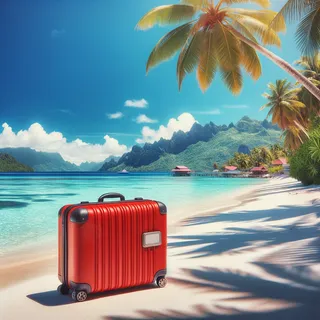 Красный туристический чемодан на фоне тропического пляжа с белым песком и бирюзовой водой, пальмы и горы на горизонте, яркое голубое небо