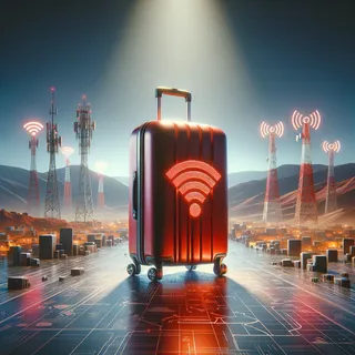 Изображение (не иллюстрация) только в очень реалистичном кинематографическом стиле. На изображении должен присутстовать красный туристический чемодан на колесиках. На изображении не должно быть людей.. Тема изображения: Мобильная связь и интернет в Марокко