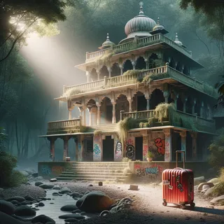 граффити и архитектурные особенности заброшенного ашрама в Индии, окруженные джунглями, красный туристический чемодан на колесиках, кинематографический стиль, гиперреализм, детальность и четкость