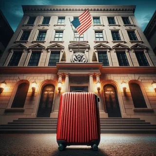 Красный чемодан на фоне здания посольства США в кинематографическом стиле
