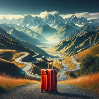 На фоне величественных гор Кавказа, извивающиеся дороги и красный туристический чемодан