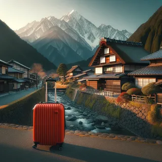 Токио и Долина Кисо, Япония. Красный туристический чемодан на колесиках перед потрясающим пейзажем с японскими традиционными домами и великолепными горами.
