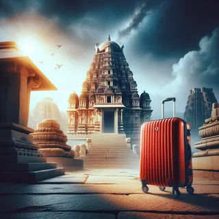 Изображение (не иллюстрация) только в очень реалистичном кинематографическом стиле. На изображении должен присутстовать красный туристический чемодан на колесиках. На изображении не должно быть людей.. Тема изображения: Мистическая Карнатака: Путешествие в храм Вирупакши и руины Хампи