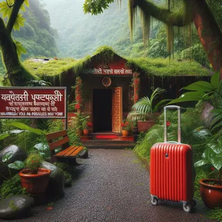 вход в Ашрам Махариши Махеш Йоги в Ришикеше, на входе стоит красный туристический чемодан на колесиках, окруженный зеленью и тропической природой