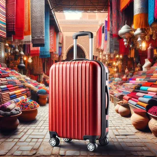 Очень реалистичное изображение красного туристического чемодана на колесиках, стоящего на фоне яркого рынка Марокко с роскошными тканями и аксессуарами