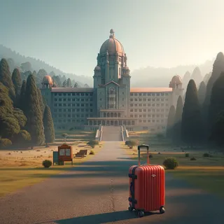 Реалистичный кинематографический снимок Лесного научно-исследовательского института в Дехрадунe с красным туристическим чемоданом на колесах на переднем плане, небо ясное и солнечное, здание института величаво возвышается на заднем фоне