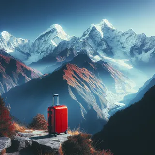Фотография потрясающего горного пейзажа в Гималаях с красным туристическим чемоданом на колесиках на переднем плане, изображение в кинематографическом стиле