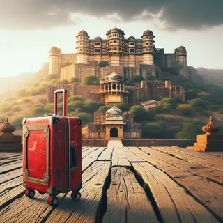 Изображение из форта Читторгарх в Индии, на фоне красный туристический чемодан на колесиках, кинематографический стиль