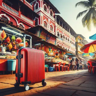 Очень реалистичный кинематографический стиль изображение красного туристического чемодана на колесиках, стоящего на фоне индийского рынка с яркими прилавками уличной еды в Гоа