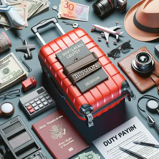 Максимально реальное изображение с красным туристическим чемоданом в контексте судебных переводчиков и реквизитов оплаты пошлин, на картинке не должно быть людей.