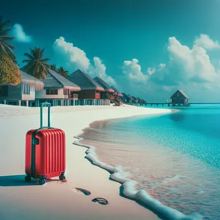 Пляж острова Маафуши с белым песком и голубой водой, кинематографический стиль, с красным туристическим чемоданом на колесиках
