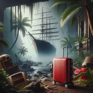 Красный туристический чемодан на колесиках стоит на фоне заброшенного корабля, окруженного тропическими растениями и руинами в реалистичном кинематографическом стиле