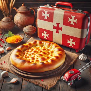 Фотография вкусного, с игристо-золотистой корочкой Гурийского хачапури, лежащего на деревянном столе рядом с красным туристическим чемоданом на колесиках, среди традиционных грузинских украшений