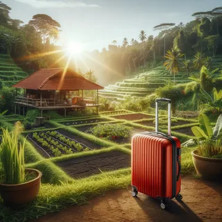 Красный туристический чемодан среди живописной экофермы с зелеными полями и органическими грядками на Бали, в реалистичном кинематографическом стиле