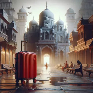 Изображение (не иллюстрация) только в очень реалистичном кинематографическом стиле. На изображении должен присутстовать красный туристический чемодан на колесиках. На изображении не должно быть людей.. Тема изображения: Сказания и предания Индии: Вековые тайны и традиции