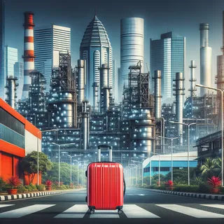 Красный чемодан на фоне промышленного пейзажа с современными небоскребами и заводами в Ченнаи, Индия