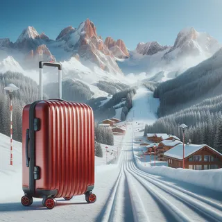 Реалистичное изображение с красным туристическим чемоданом на колесиках рядом со снежными горами и горнолыжными трассами