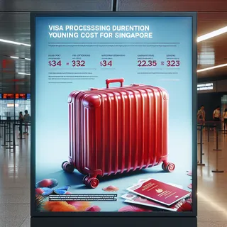 максимально реальное изображение красного туристического чемодана на фоне сроков и стоимости оформления визы в Сингапур