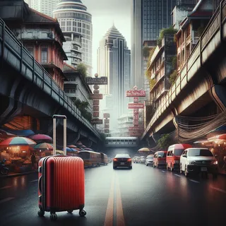 Кинематографический реалистический вид городских улиц Бангкока с красным туристическим чемоданом на колесиках