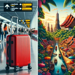 Иллюстрация: красный туристический чемодан на колесиках на фоне аэропорта или красивого Taиланде