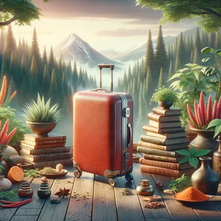 Изображение (не иллюстрация) только в очень реалистичном кинематографическом стиле. На изображении должен присутстовать красный туристический чемодан на колесиках. На изображении не должно быть людей.. Тема изображения: Аюрведа: что это такое, принципы питания и как она лечит