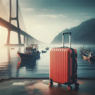 кинематографический стиль, туристический красный чемодан на колесиках на фоне океана, моста и рыболовного катера