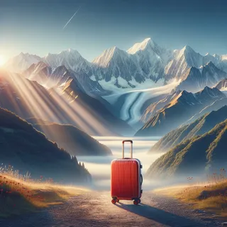 Реалистичный кинематографический пейзаж с красным туристическим чемоданом на колесиках у подножия величественных кавказских гор, сверкающий свет солнца и тени от облаков, играющие на заснеженных вершинах