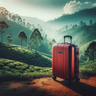 Фотография с представлением красного туристического чемодана на фоне чайных плантаций в Шри-Ланке, кинематографический стиль